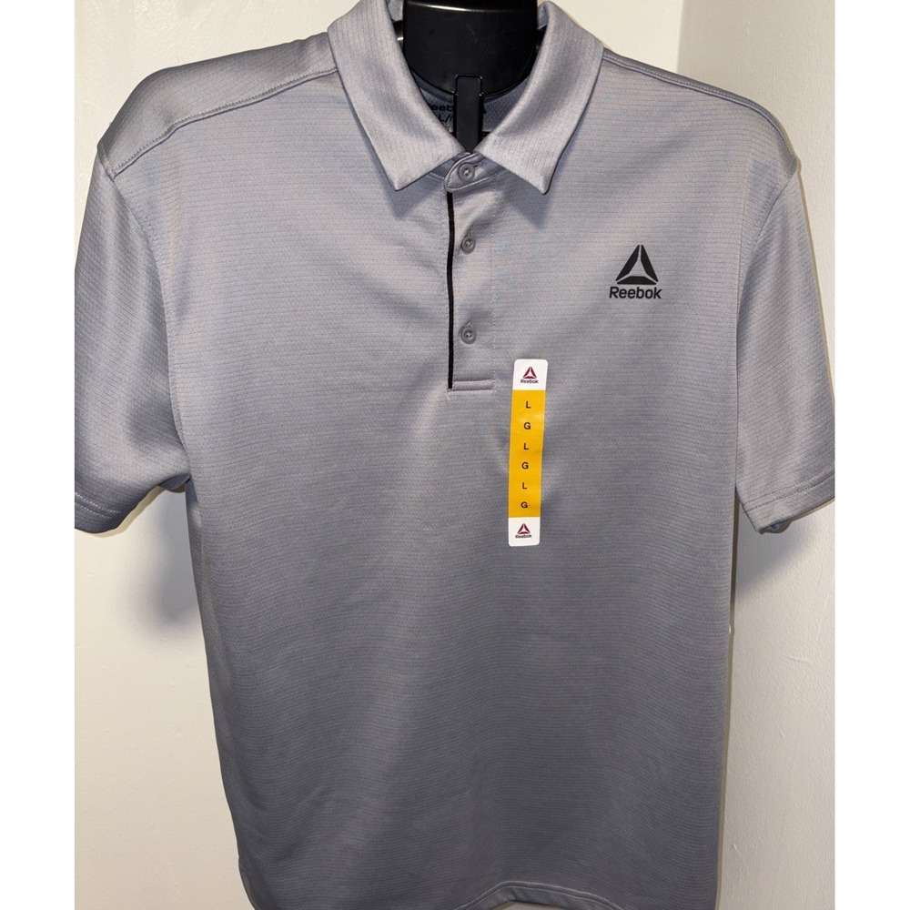 Large 42-44 Mens Reebok Performance 3-Button Polo Short Sleeve Grey Blue